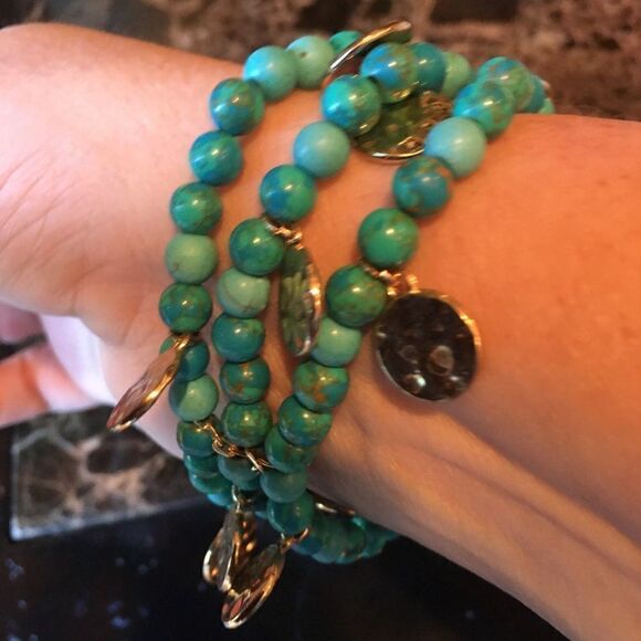 THREE STRAND Blue & Gold Coin Bracelet - Picture 3 of 4